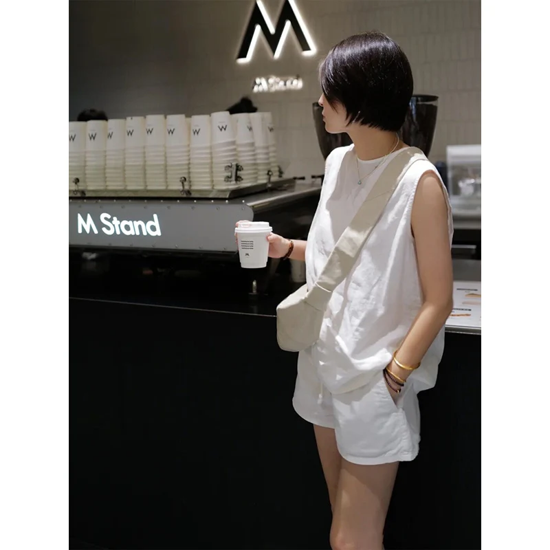 

Летняя тонкая повседневная свободная женская майка, жилет, круглый комплект Ne Svel, модный комплект для поездок на работу, чистый цвет, другой материал