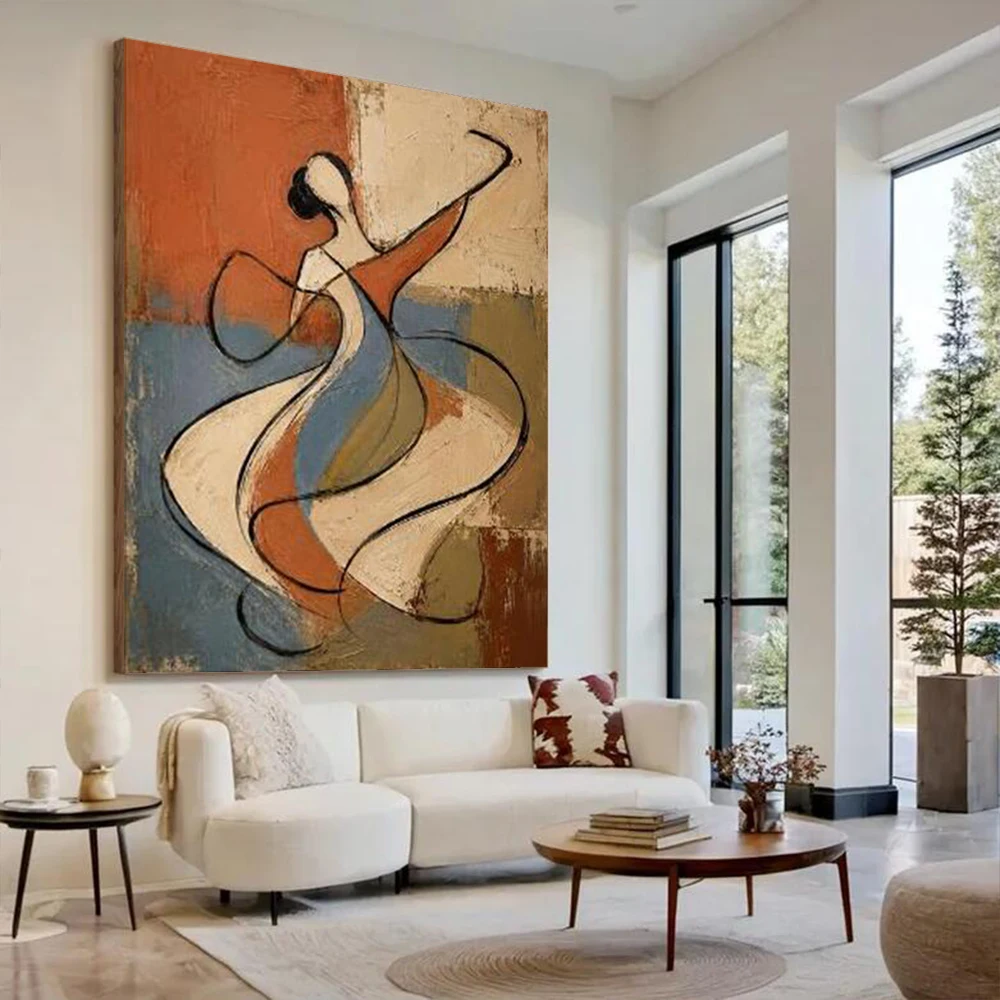 100% Handmade Abstract Oil Painting on Canvas - Dancing Girl Wall Art Decor Picture for Home Living Room Decor Image Line Mural