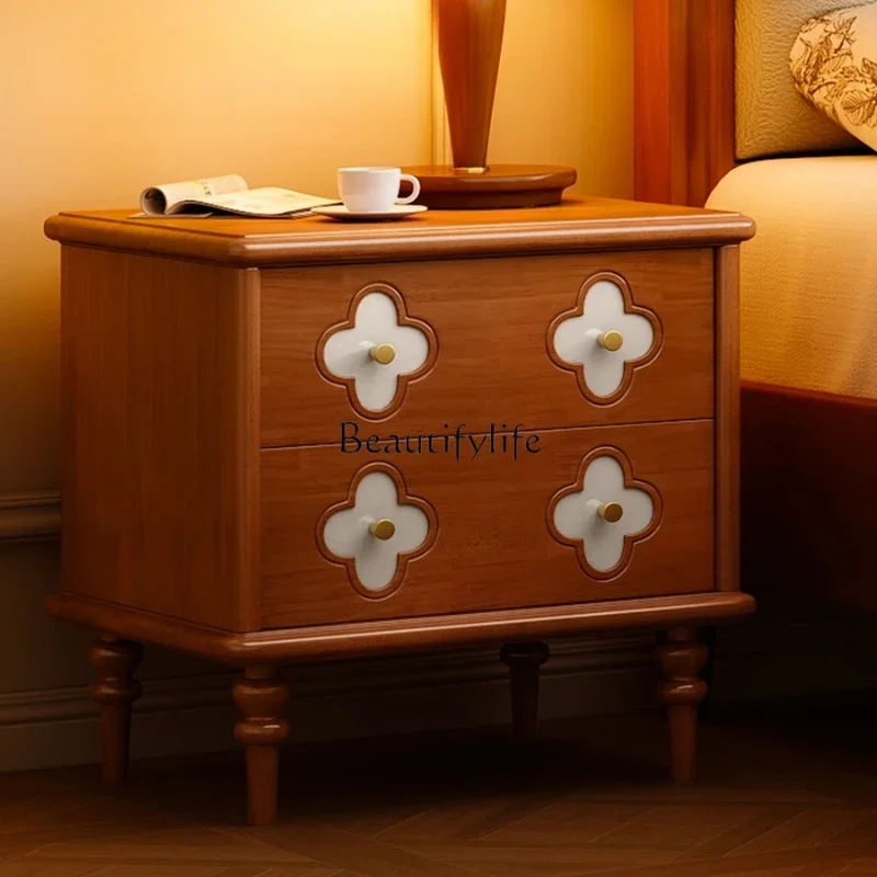

yj7 2025French retro bedside table solid wood double drawer locker