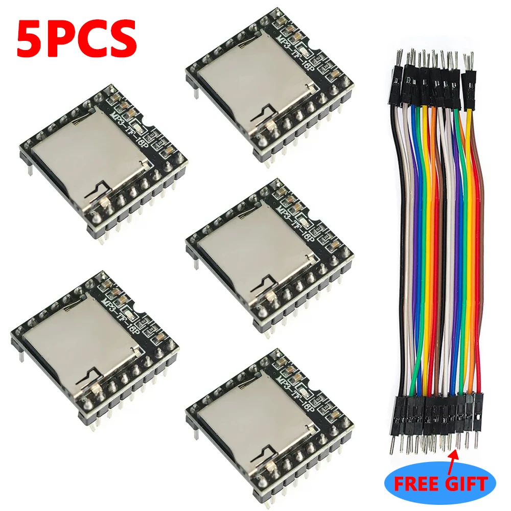 5PCS Mini MP3 Player Module DFPlayer MP3-TF-16P TF Card U Disk Mini MP3 DF Player Audio Voice Module and 20cm 20pin Dupont Wire