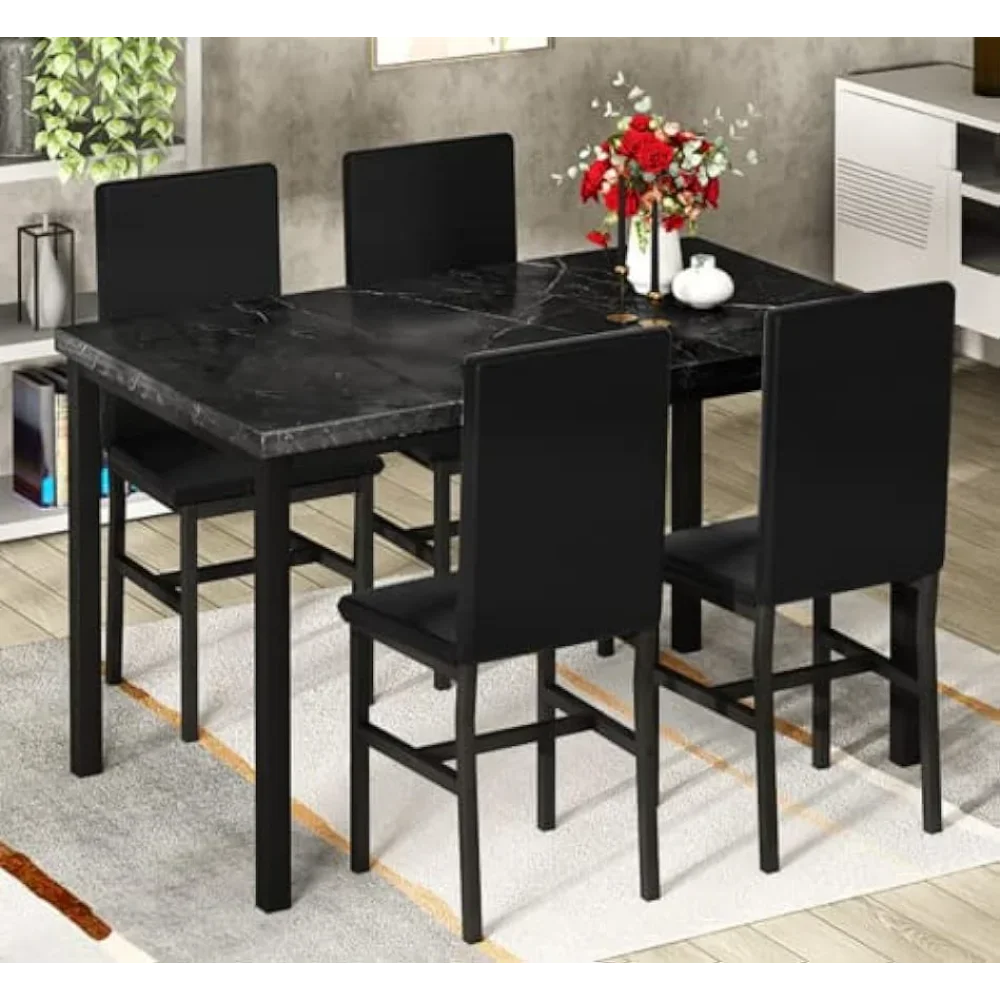 Faux Black Marble Dining Table with 4 Upholstered Chairs, 5-Piece Dining Room Table  Chairs Set for 4, Home & Kitchen Sets