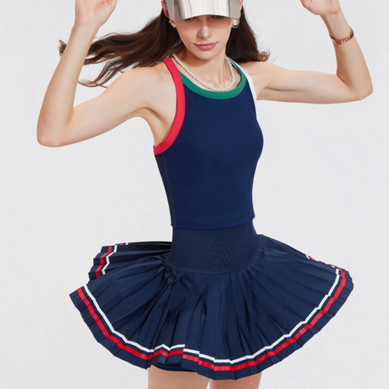 Fashion tennis suit contrasting color pleated skirt suspender vest tennis skirt golf yoga fitness sportswear sport set women