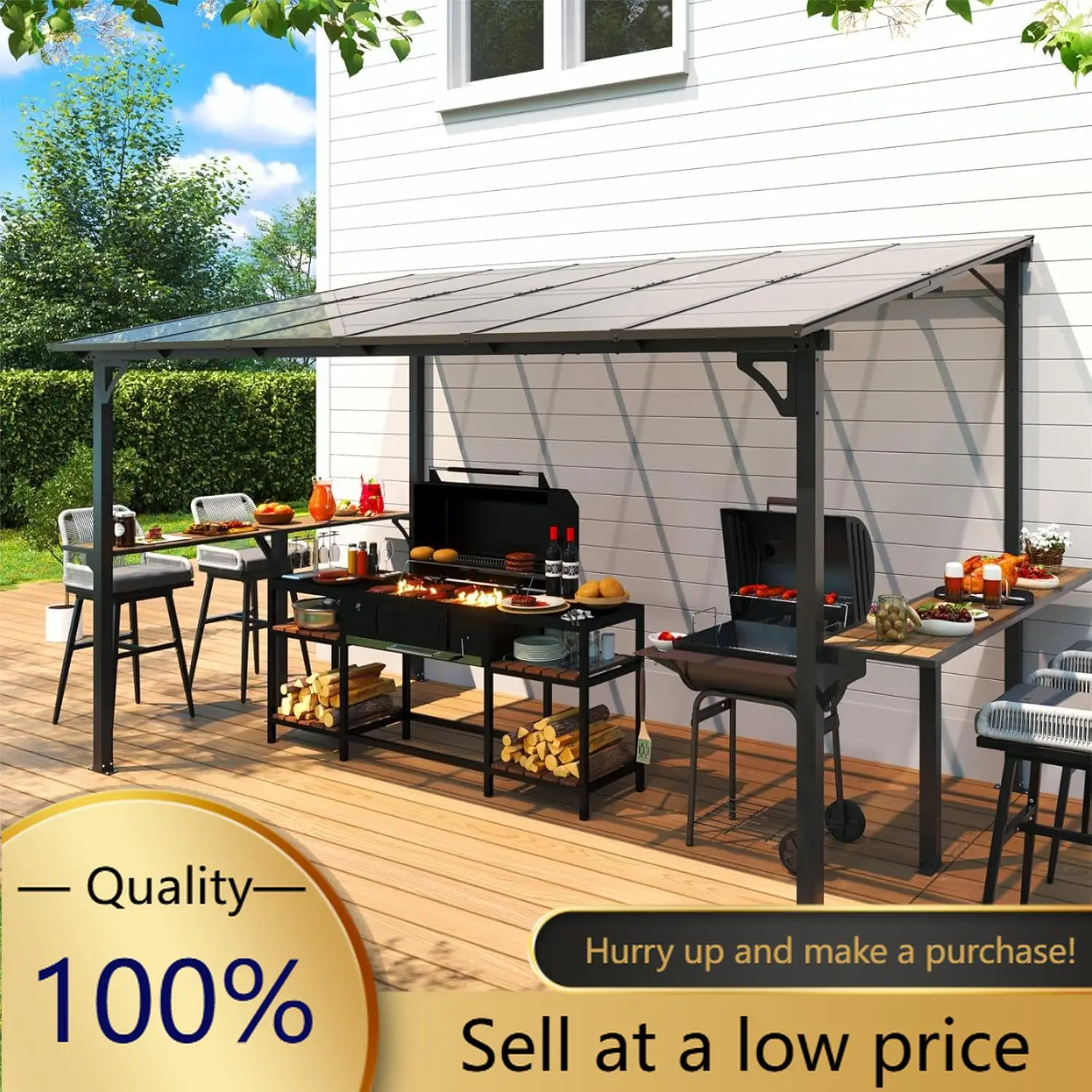 8' x 12' Wall Mounted Gazebo, Outdoor BBQ Grill Gazebo with Side Shelf, Lean to Metal Awnings with Sloped Roof, Heavy Duty Pergo