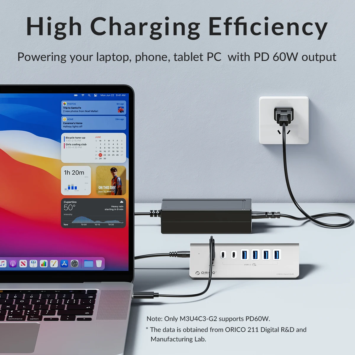 ORICO USB 3.2 HUB 7 IN 1 10Gbps PD60W Lade-Dockingstation Typ C für PC, Laptop, Macbook mit EU-Steckeradapter, 4-Port-Hub
