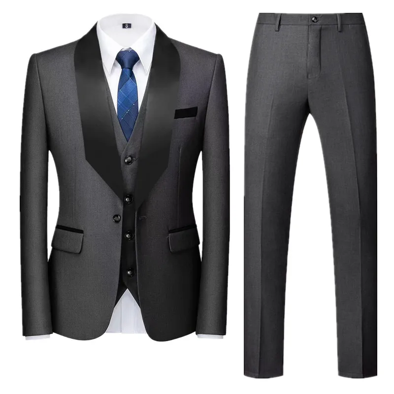 New Men Pure Colour Formal Wedding Suit 3 Piece Black / Blue / Dark Grey Fashion Simple Male Business Social Tuxedo Dress Set