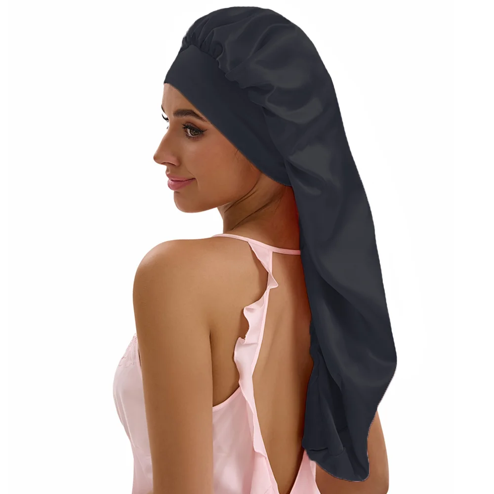 Damen Lange Satin-Schlafmütze - Extra Große Seiden-Haarabdeckung für Locken und Zöpfe, Elastische Breite Band-Nachtmütze – Detail 6