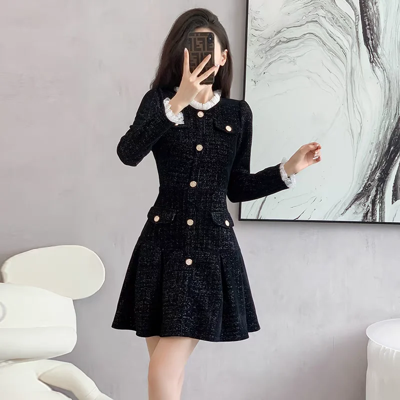 

Autumn Winter Red Bright Silk Chenille Mini Dress 2024 Black Elegant Lace Ruffled Collar Dress Women Luxury Bodycon Party Dress