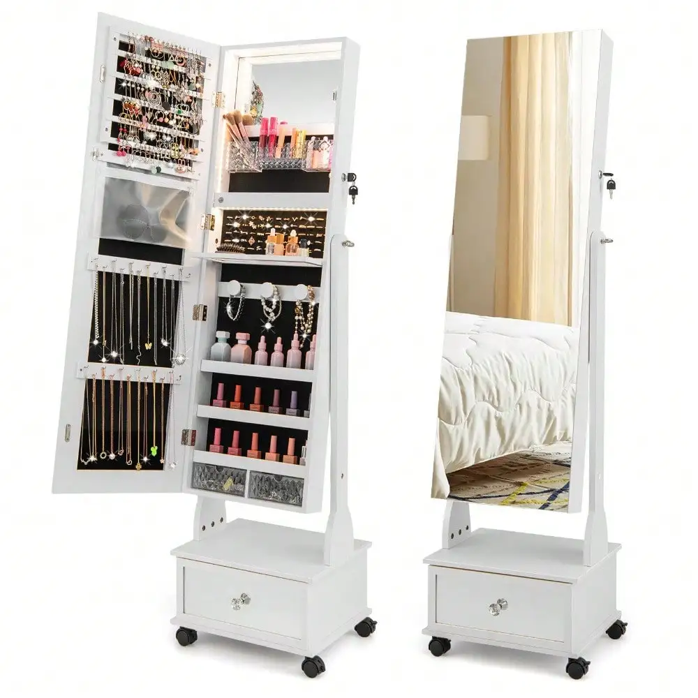 Jewelry Cabinet Armoire Full-Length Mirror Lockable w/ 3-Color Lights White