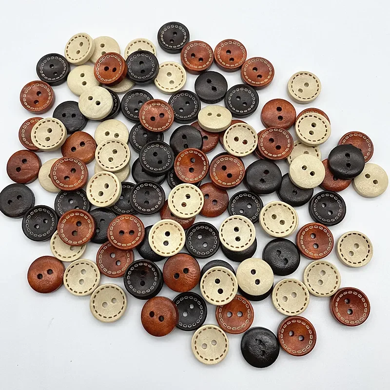 New 15MM Round Wooden Bowl Buckle Carved Dotted Line Wood Two-eye Button DIY Hand Sewn Ornament