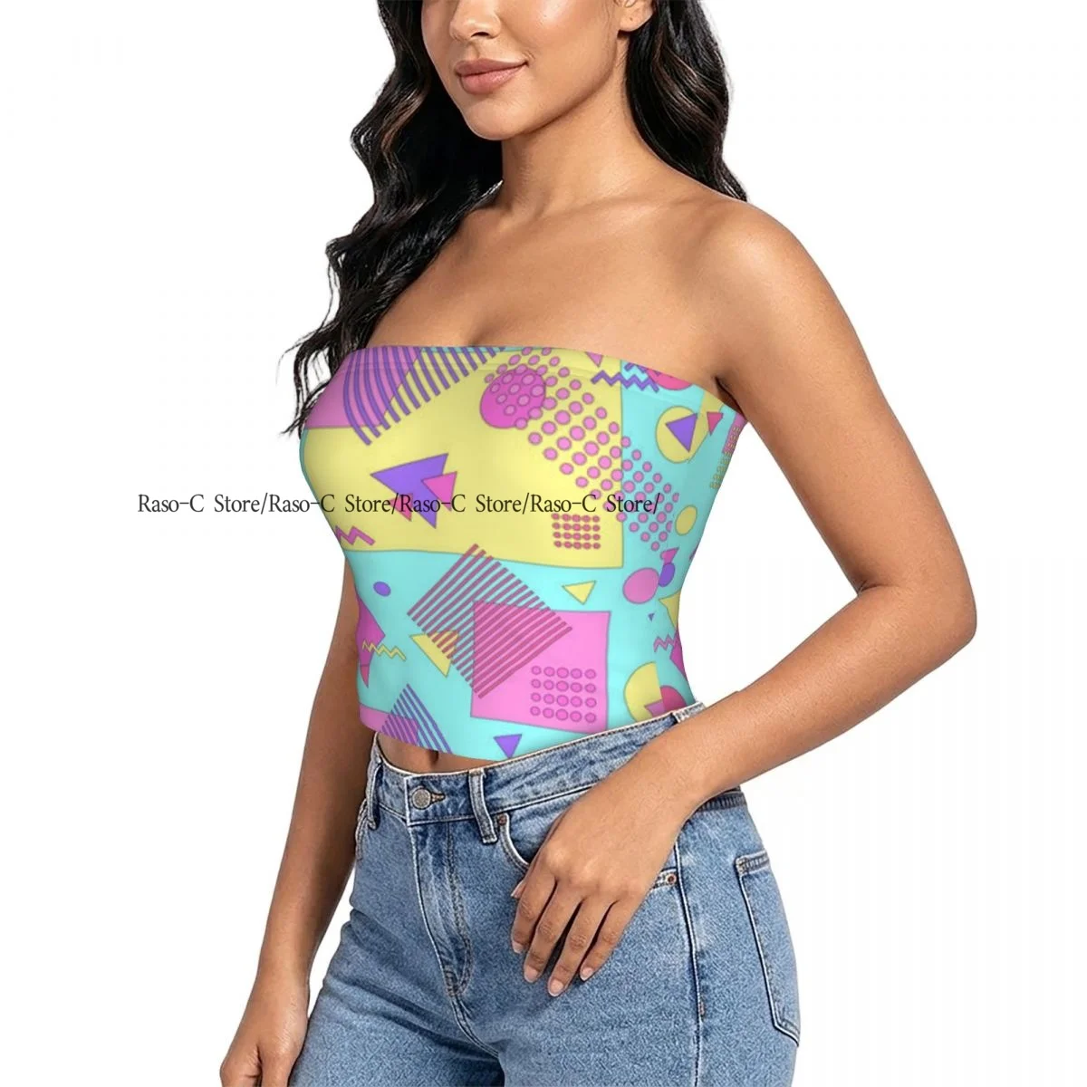 Women's strapless halter top Geometric 80s Memphis Style summer sexy short-sleeved top