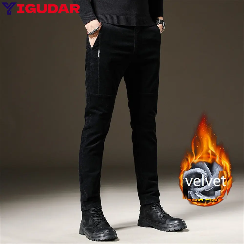 

Men Corduroy Trousers With Without Fleece Lined Pants Thicken Fashion Autumn Winter Warm Elastic Casual Trousers Sweatpants