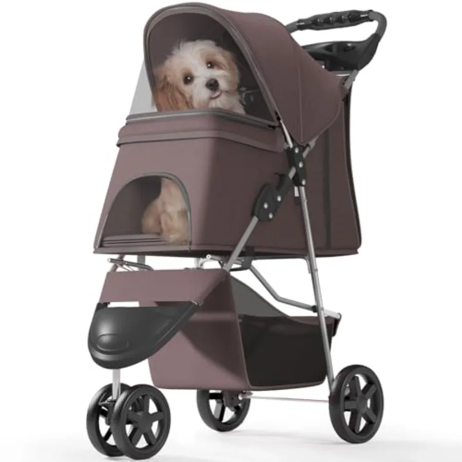 

Pet stroller for small/medium pets, polyester fabric, black, foldable portable design with rear wheel brakes, storage basket, b