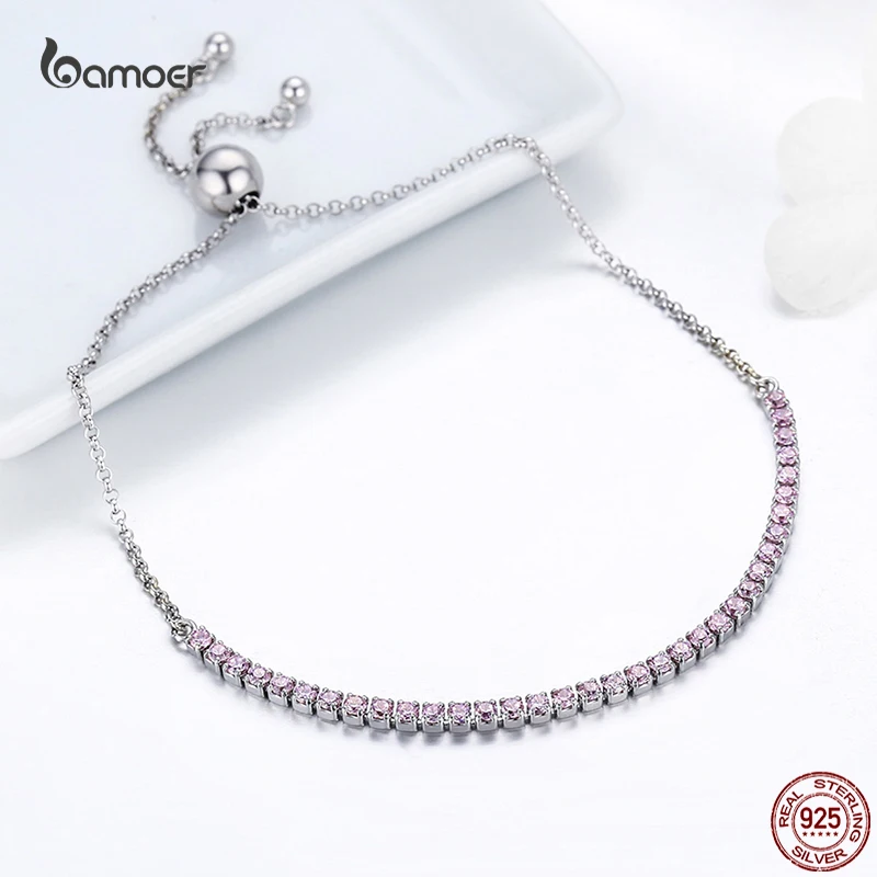 Bamoer 925 Sterling Silver Sparkling Pop 3 Colors Sweet College Style Bracelet Women Link Tennis Birthday Jewelry Gift SCB029 view 5