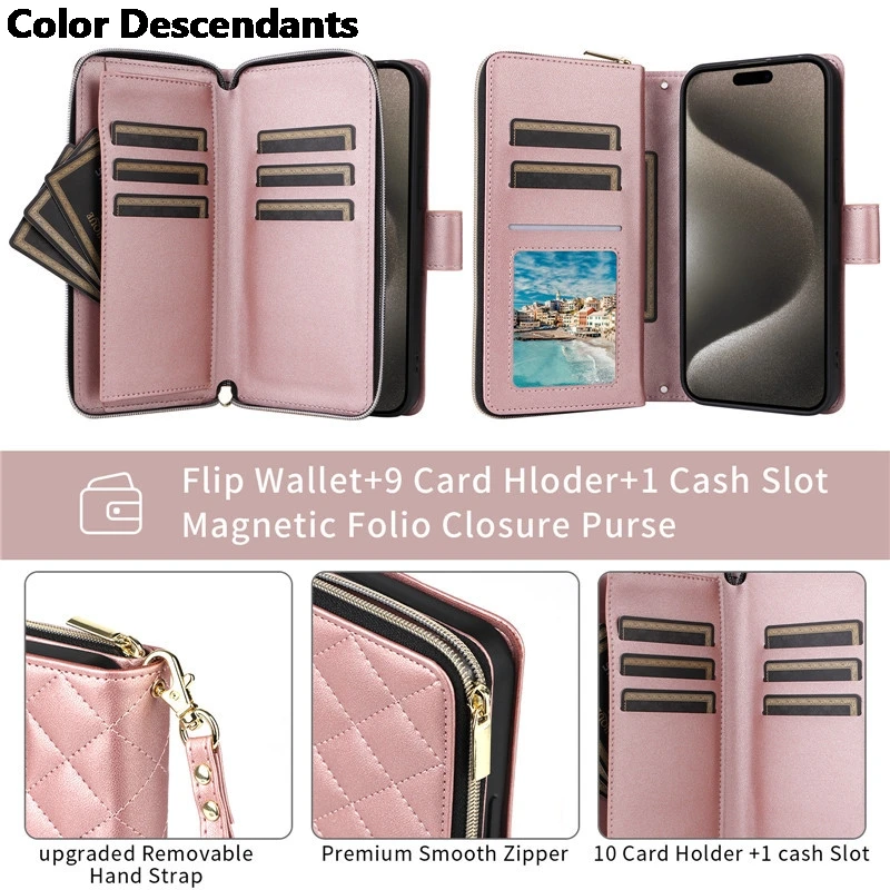 Lanyard Leather Zipper Wallet Card Phone Case for Samsung Galaxy S24 Ultra S23 Plus S22 S21 FE Crossbody Flip Cover
