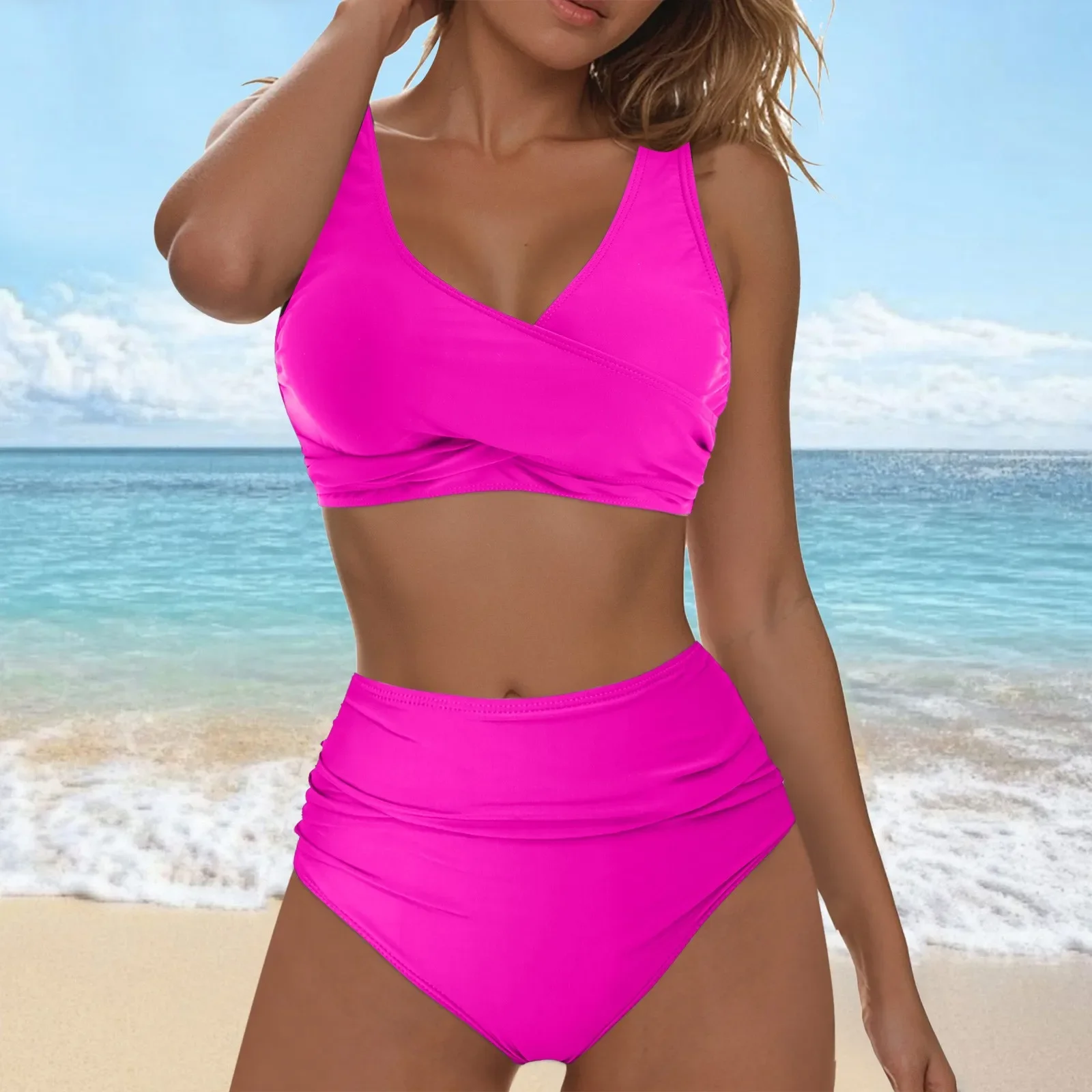 المرأة الصلبة اللون منفصلة ملابس الشاطئ بيكيني المرأة قطعتين عالية الخصر مجموعة البكيني ملابس السباحة التغطية الكاملة ثوب السباحة بيكيني