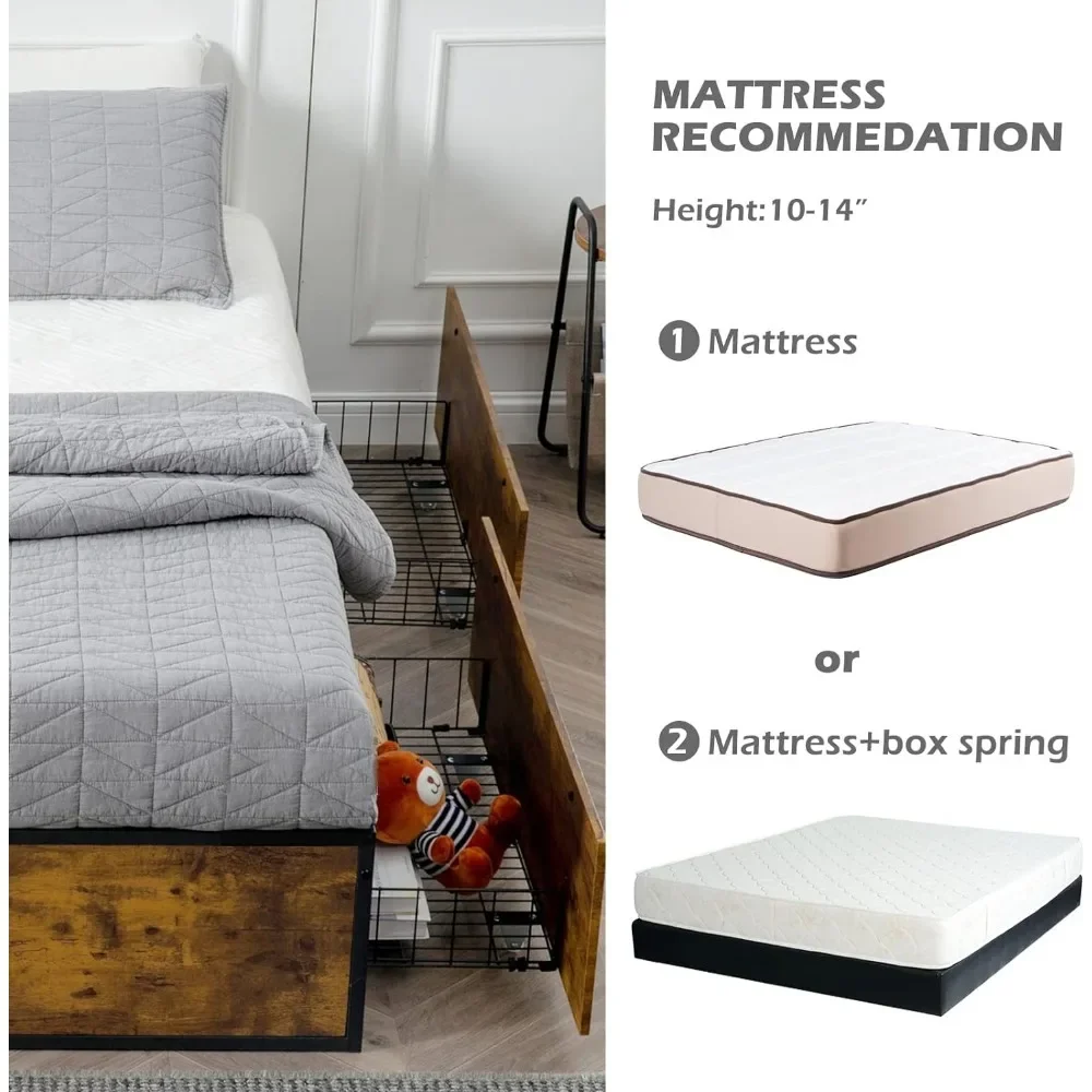 Twin Bed Frame with 2 XL Storage Drawers, Metal Platform Bed Frame w/Footboard, 9 Strong Metal Slat Support/No Box Spring Needed