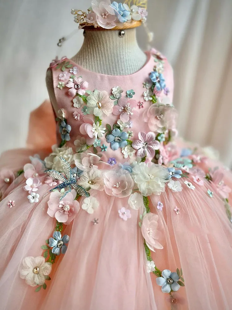 Luxury and Elegant Children\'s Dress Christmas Mesh Fluffy Skirt Pink Butterfly Wings 2024 New Flower Girl Wedding Princess Dress