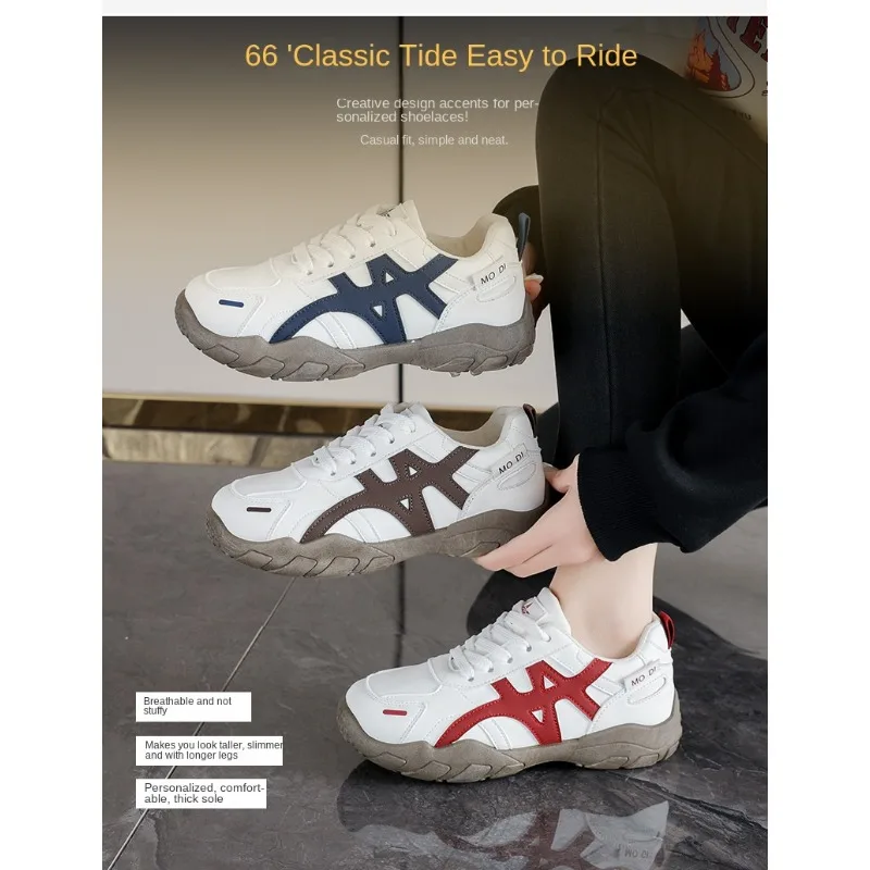 

New Women's Leather Retro Casual Shoes Thick Sole Platform Sneakers Lace-Up Versatile Korean Style Travel Trendy Footwear