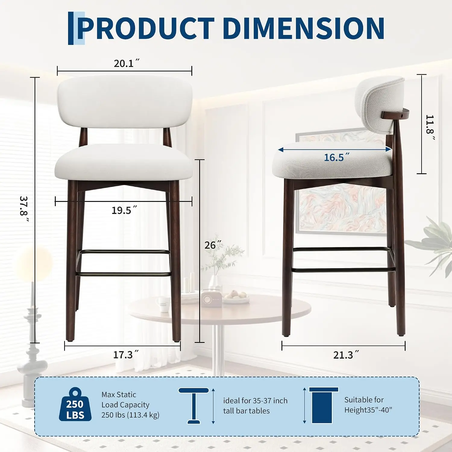 26-Inch Counter Height Bar Stools Set of 2, Modern Linen-Upholstered Bar Stools with Curved Back, Wood Legs & Metal Footrest for Kitchen Island, Dining Room, Patio Bar, Cream