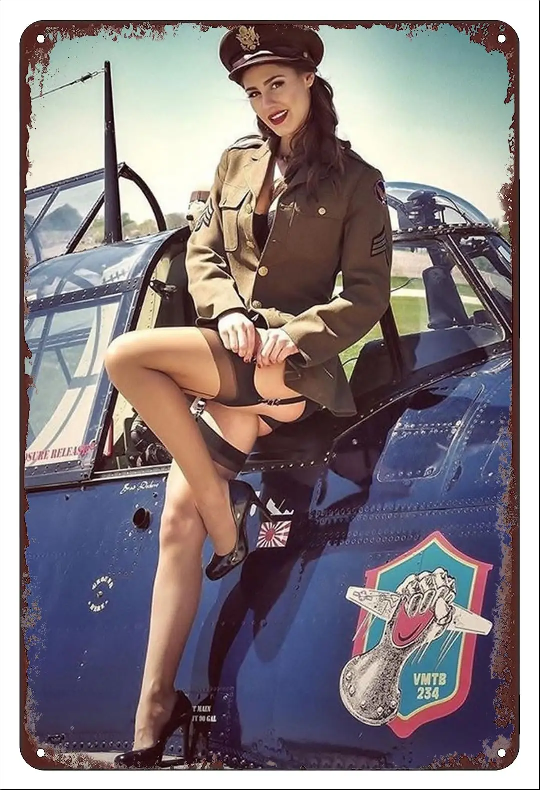 Sexy Military Girl Leaning On Fighter Plane Funny Vintage Metal Poster Retro Girl Metal Tin Sign Pinup Girls Wall Art Decor Hot