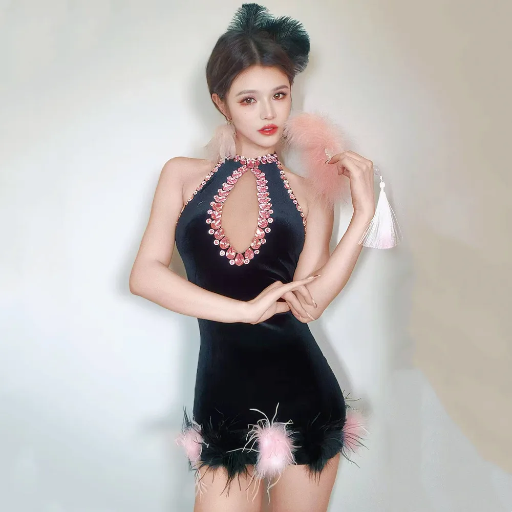 Sexy Black Velvet Backless Rhinestones Mini Dress Women Birthday Party Club Show Short Dress Singer Stage Performance Costume