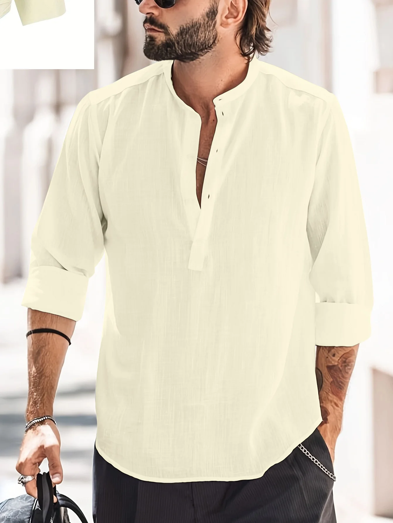 European American Foreign Trade Men's Casual Stand-up Collar Solid Color Long-sleeved Shirt WISH Slub Cotton and Linen Shirt