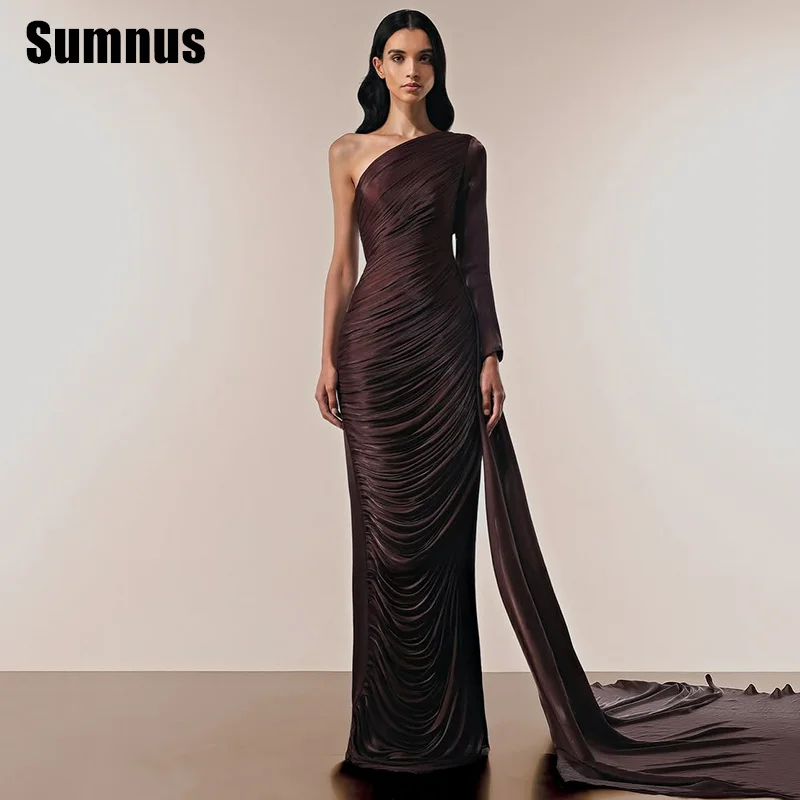 

Sumnus Charming Mermaid Prom Dress One Shoulder Side Slit Pleats With Train Evening Dress فساتين سهرة Customized