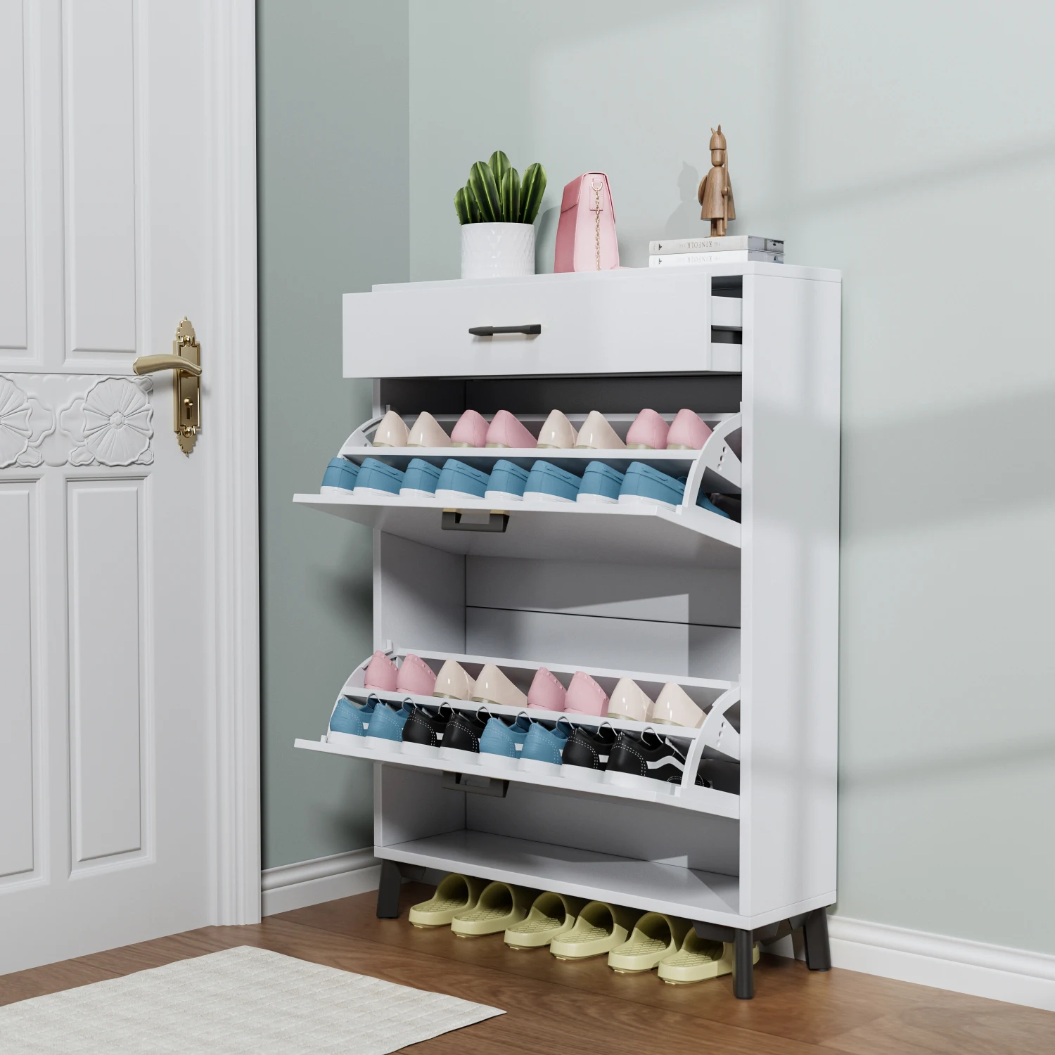 

Shoe Storage Cabinet for Entryway, Free Standing Shoe Organizer with 2 Flip Drawers, Hidden Shoe Rack Storage Organizer for Door