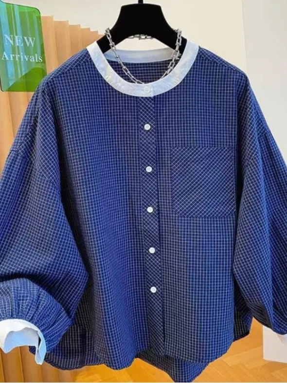 

Свободные женские повседневные футболки с рукавами-фонариками, круглым вырезом, контрастным дизайном в клетку, из хлопковой ткани, для весны и лета, модные