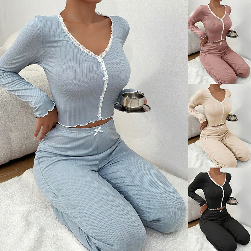 

Y2K Ribbed Knit Loungewear Set for Women Long Sleeve V Neck Button Top and Pants Pajamas Two Piece Sleepwear with Lace Trim New