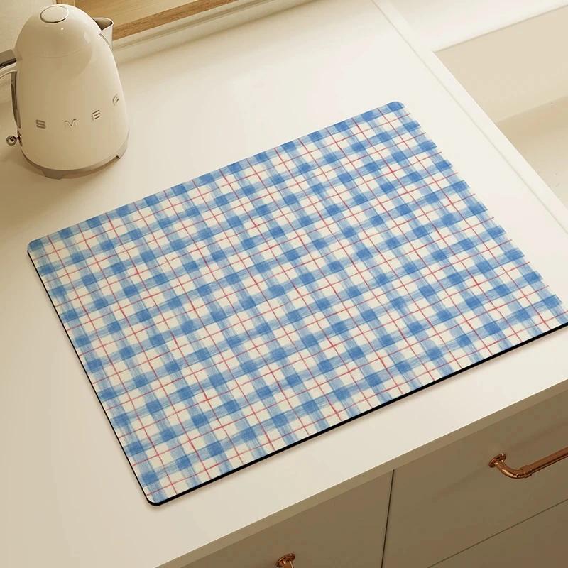 VIKAMA Yellow Gingham Blue Ruffle Kitchen Counter Mat for Sink Drainage Drying Table Placemat Absorbent Non Slip Cozy Home Decor