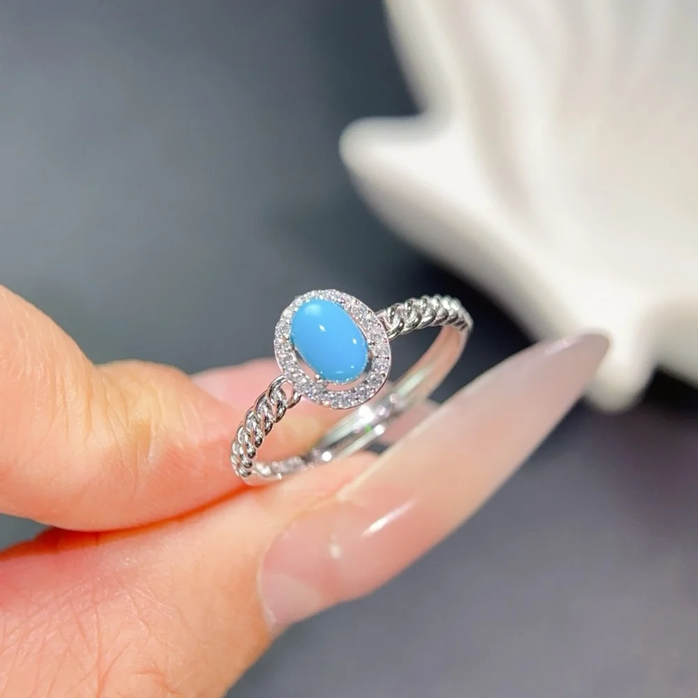 S925 4×6mm Sterling Silver Natural Kallaite Gemstone Ring for Women Fashion Healing Jewelry Stylish Accessory Sweet Gift