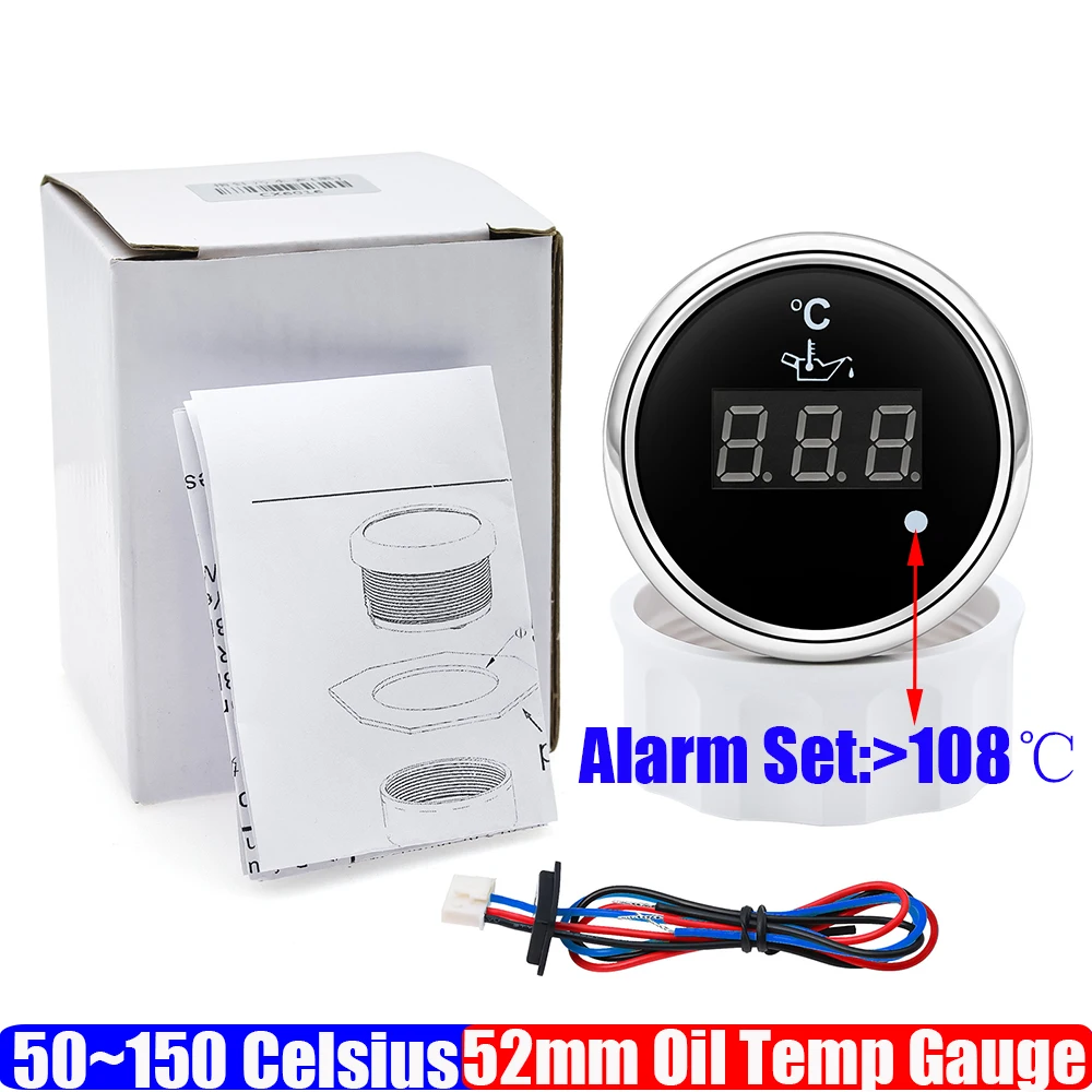 Digitale 52Mm Olietemperatuurmeter Met Flitsalarm 50-150 ℃ Olie Temp Meter Sensor Voor Auto Jachthaven Boot 12V 24V Aangepast