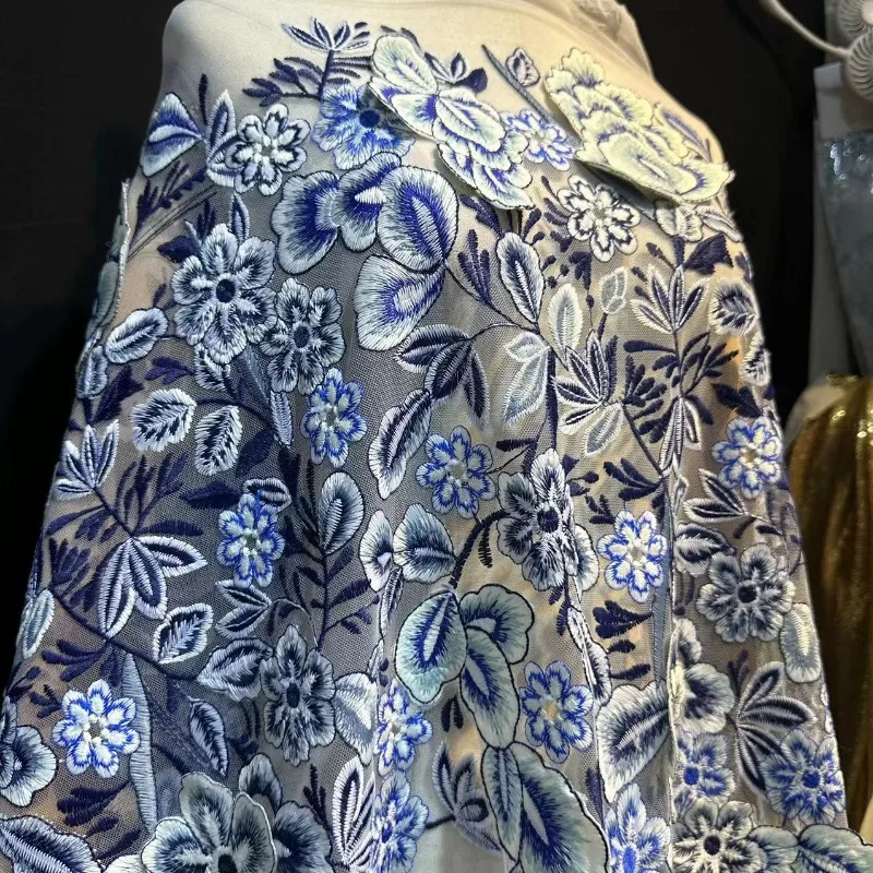 Handmade Three-dimensional Floral Blue and White Porcelain Mesh Embroidery Lace Fabric Dress Cheongsam Designer Fabric