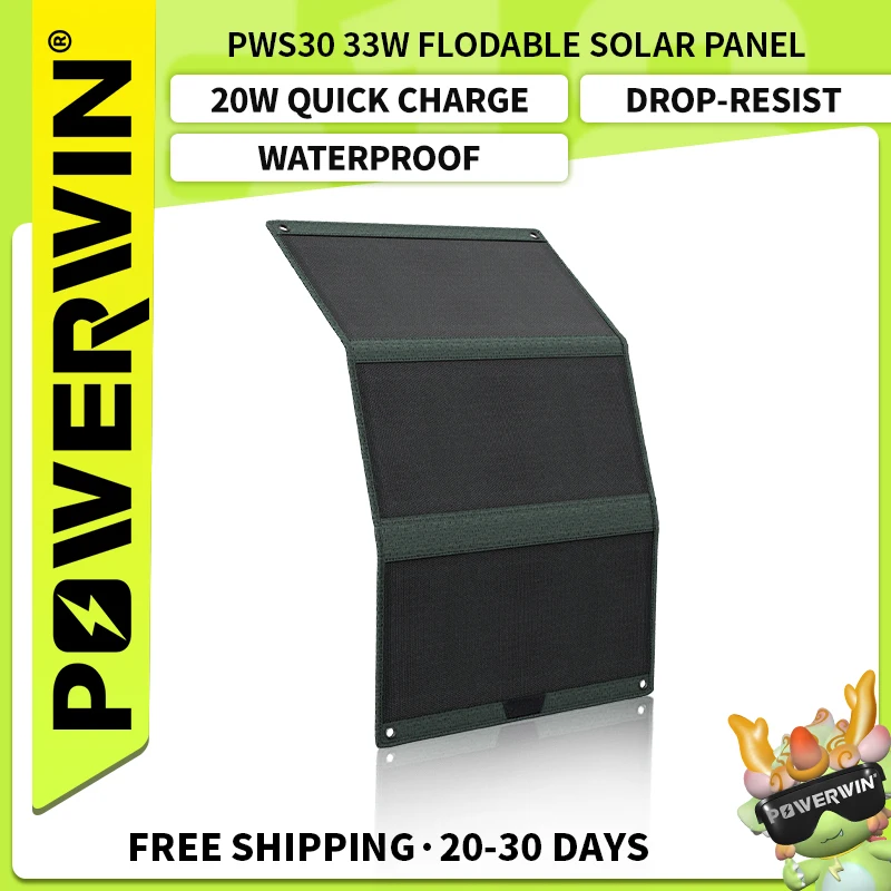 POWERWIN PWS30 Foldable Solar Panel Soft 33W ETFE High Efficiency Flexible 3 Output Ports Fast Charge PD20W Type-C USB, DC5521