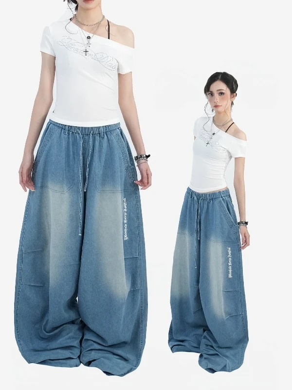 American Hip Hop Distressed Denim Balloon Pants Women's Summer Loose Jazz Dance Casual Drawstring Wide Leg Long Trousers