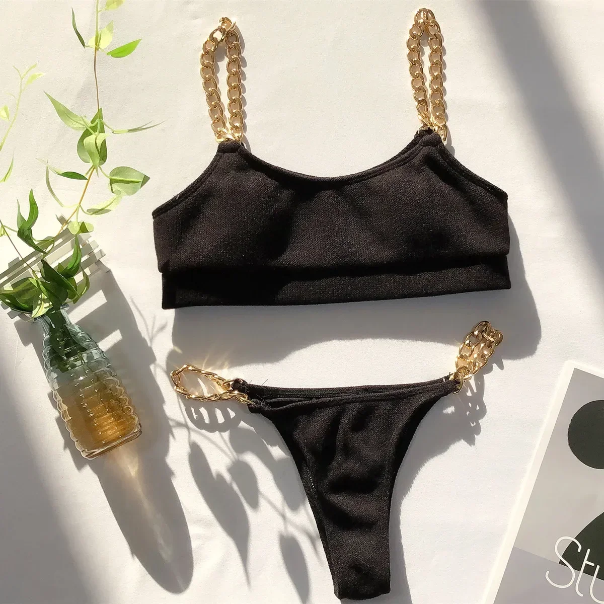 

Sexy Micro Bikini 2025 Solid Black Push Up Bra Chain Metal Strap Swimsuit Brazilian Beach Bathing Suit Thong Swimwear Biquini