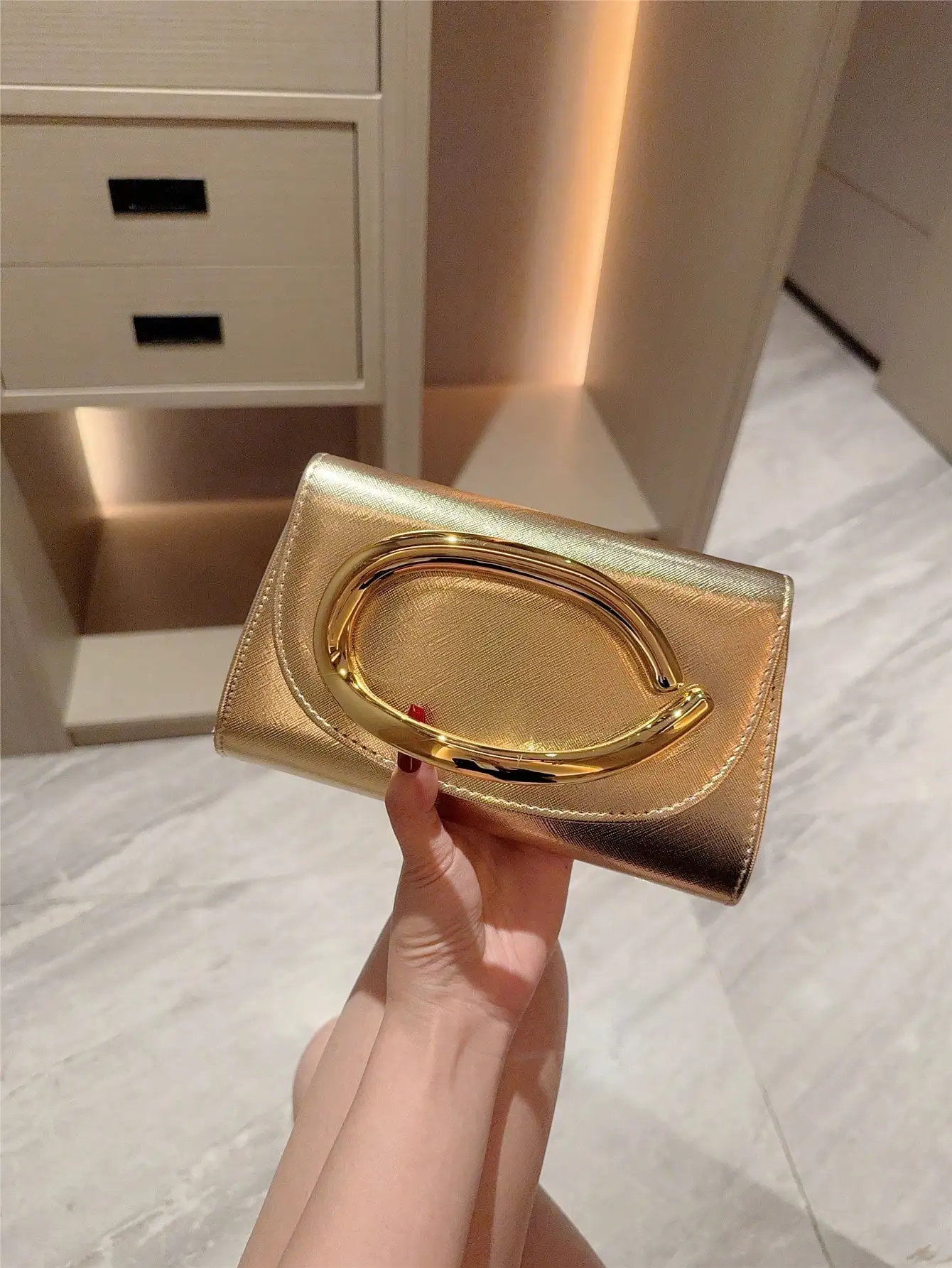 

Gold Mini Clutch with Oval Metal Handle, Shiny Saffiano Texture Evening Bag for Parties & Weddings