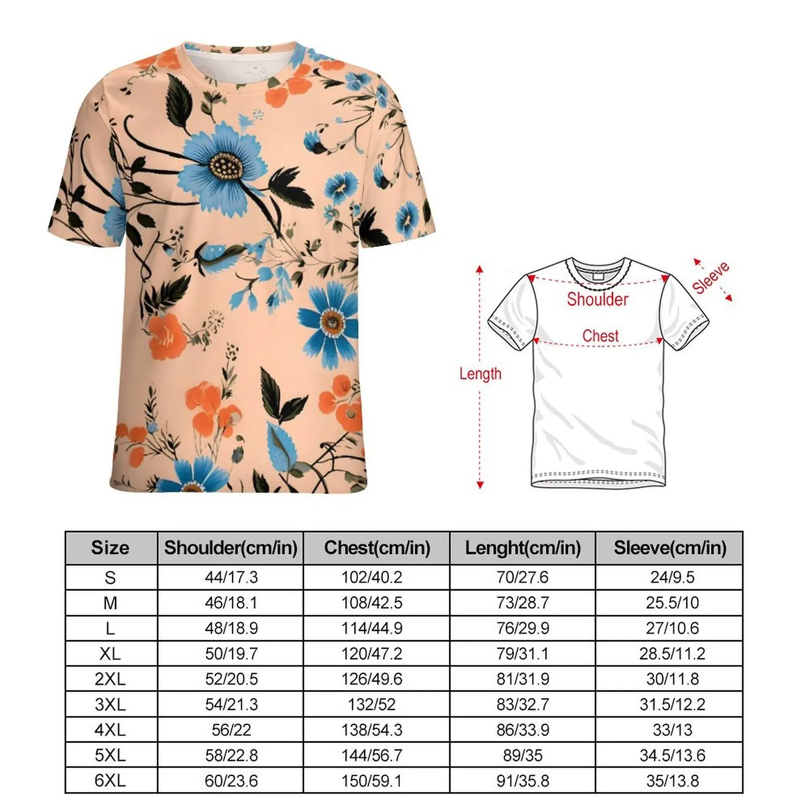 Summer T-Shirt Vintage Floral T-Shirts Blue And Pink Y2K Casual Novelty Tees For Men Short-Sleeved Printed Plus Size Clothing