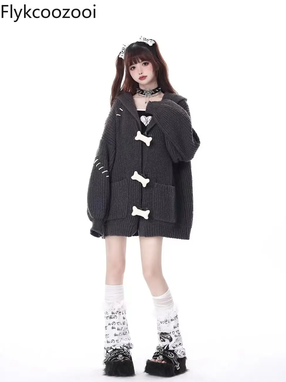 Subculture Style Mid-length Coat 2024 New Autumn and Winter Hooded Knitted Cardigan Women's Thickened Sweater Coat