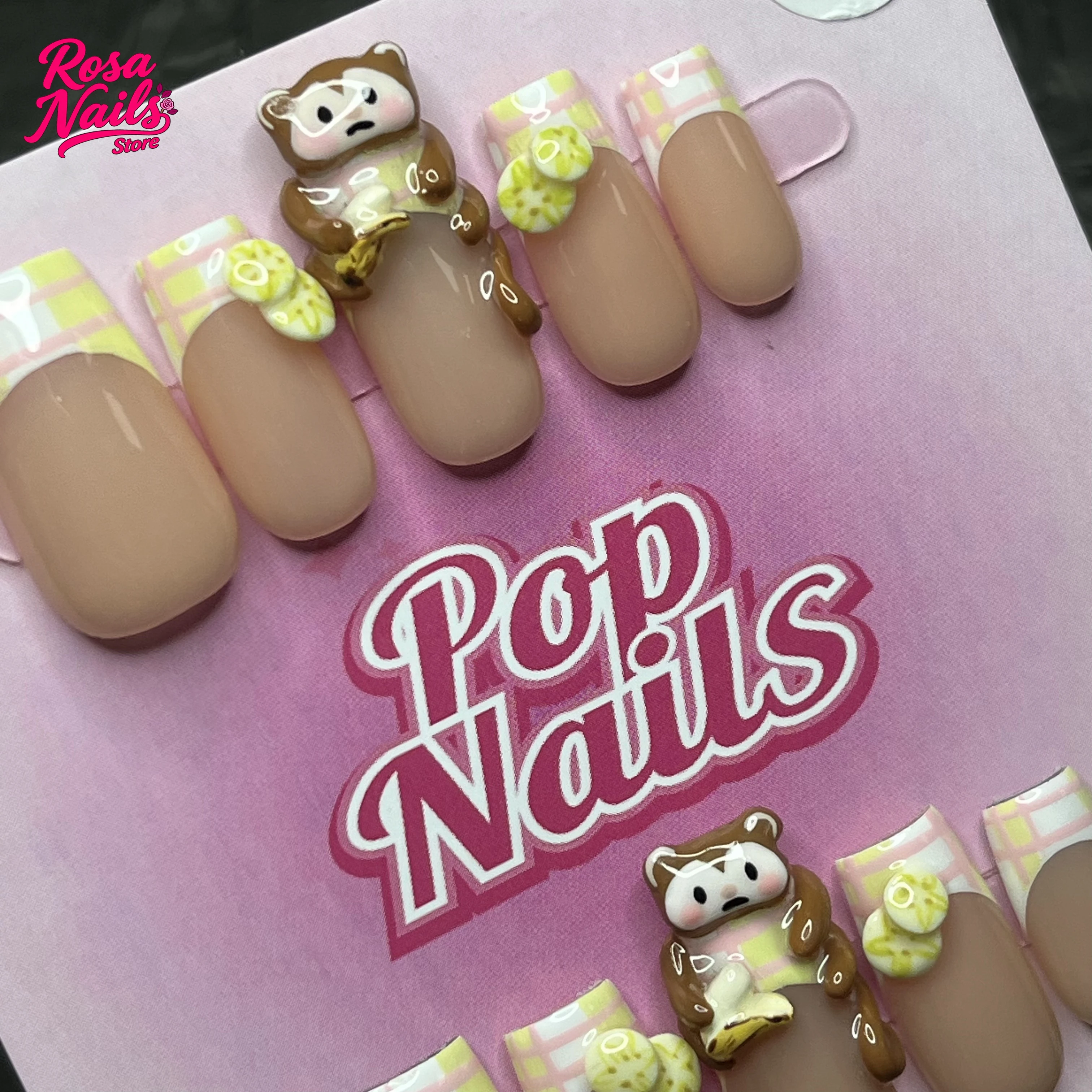 

Monkey Nails Press Ons Nail Cute Square Thick Acrylic Kawaii Hand Made Nail Custom 3D Gel Banana Monkey Handmade Press on Nails