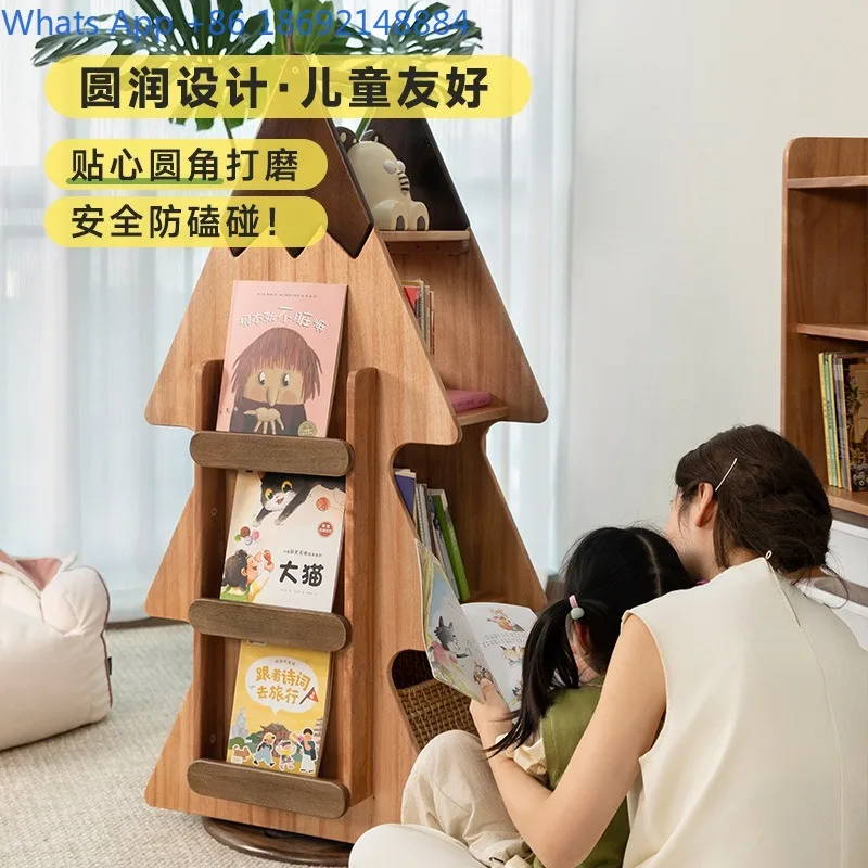 Scaffale girevole a 360 gradi Scaffale per libri illustrati in legno massello Area lettura Libreria Organizzatore di stoccaggio da pavimento per uso domestico