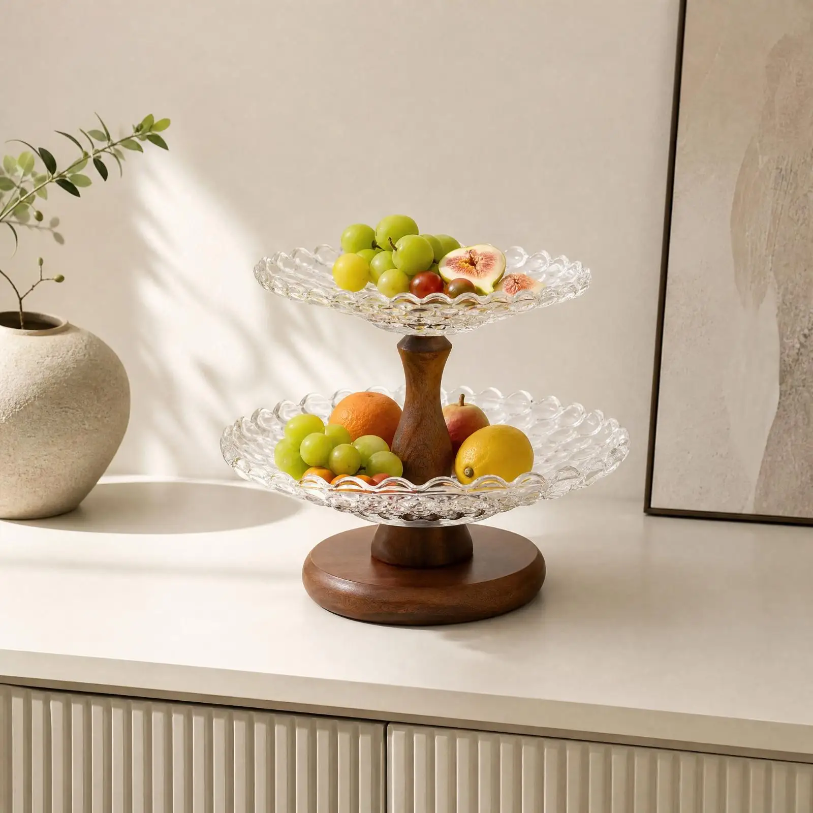Two Layer Snack Tray Acacia Wood Handle Glass Plates for Party Buffet Table Setting