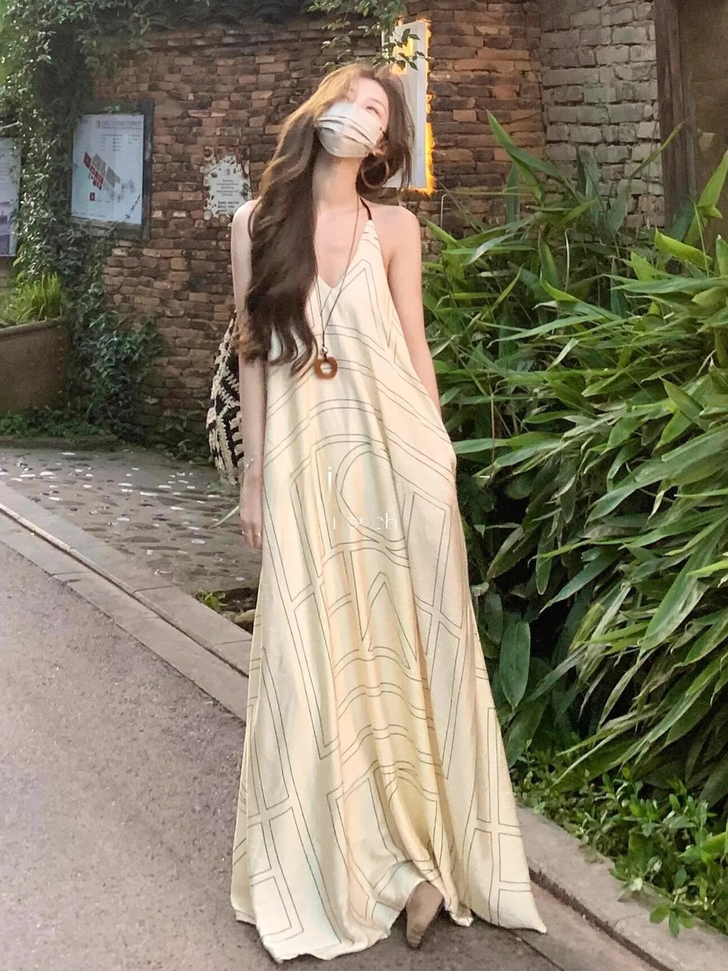 

Летнее платье ROUJE KEFSS в стиле отпускного образа, с открытой спиной, на бретельках, длинное, повседневное, свободного кроя, женское, с завышенной талией, А-силуэт