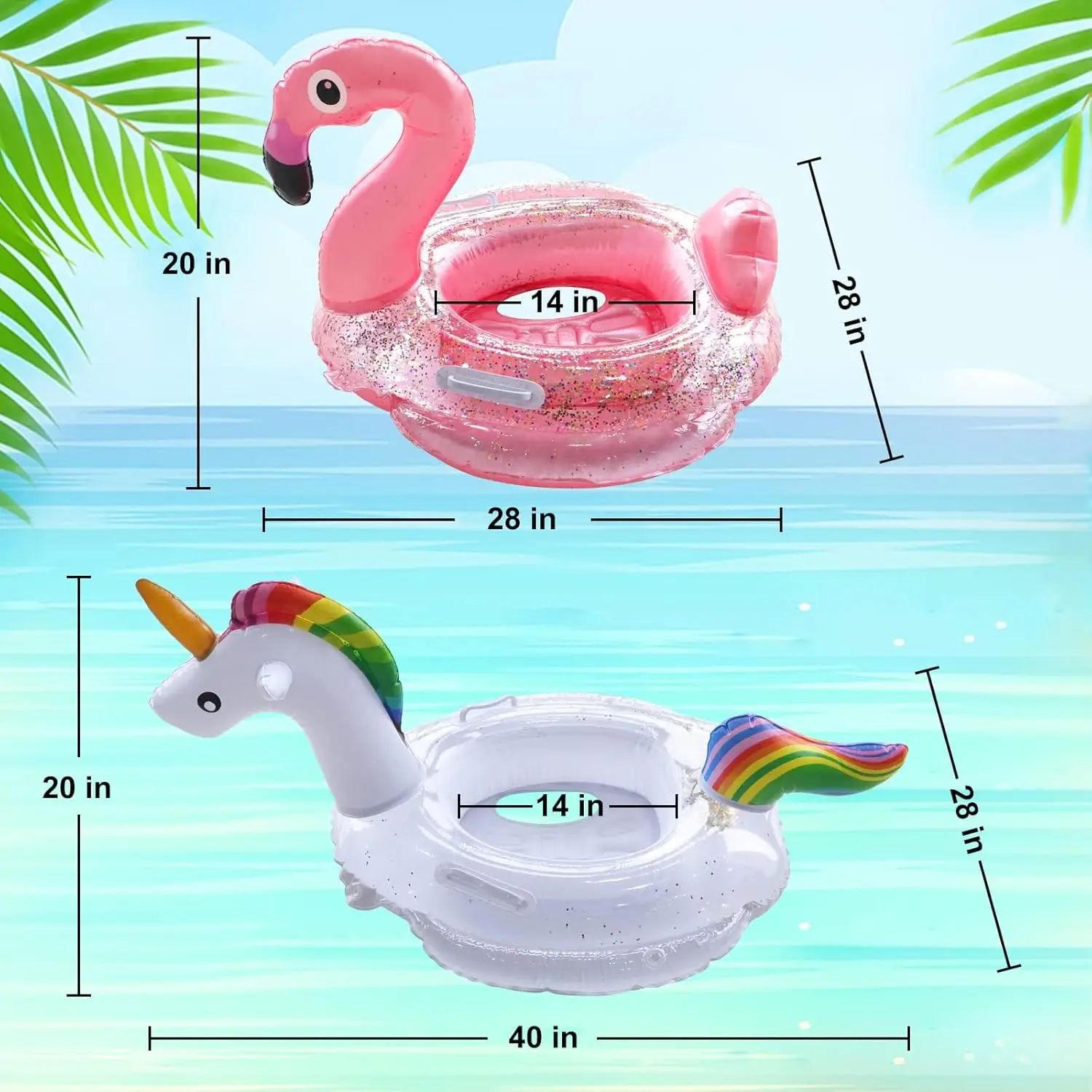 Flutuadores infláveis da piscina do unicórnio do flamingo para crianças 2 pacotes dos anéis de natação com assento de segurança e tubos da piscina do punho para a praia divertida flutuante