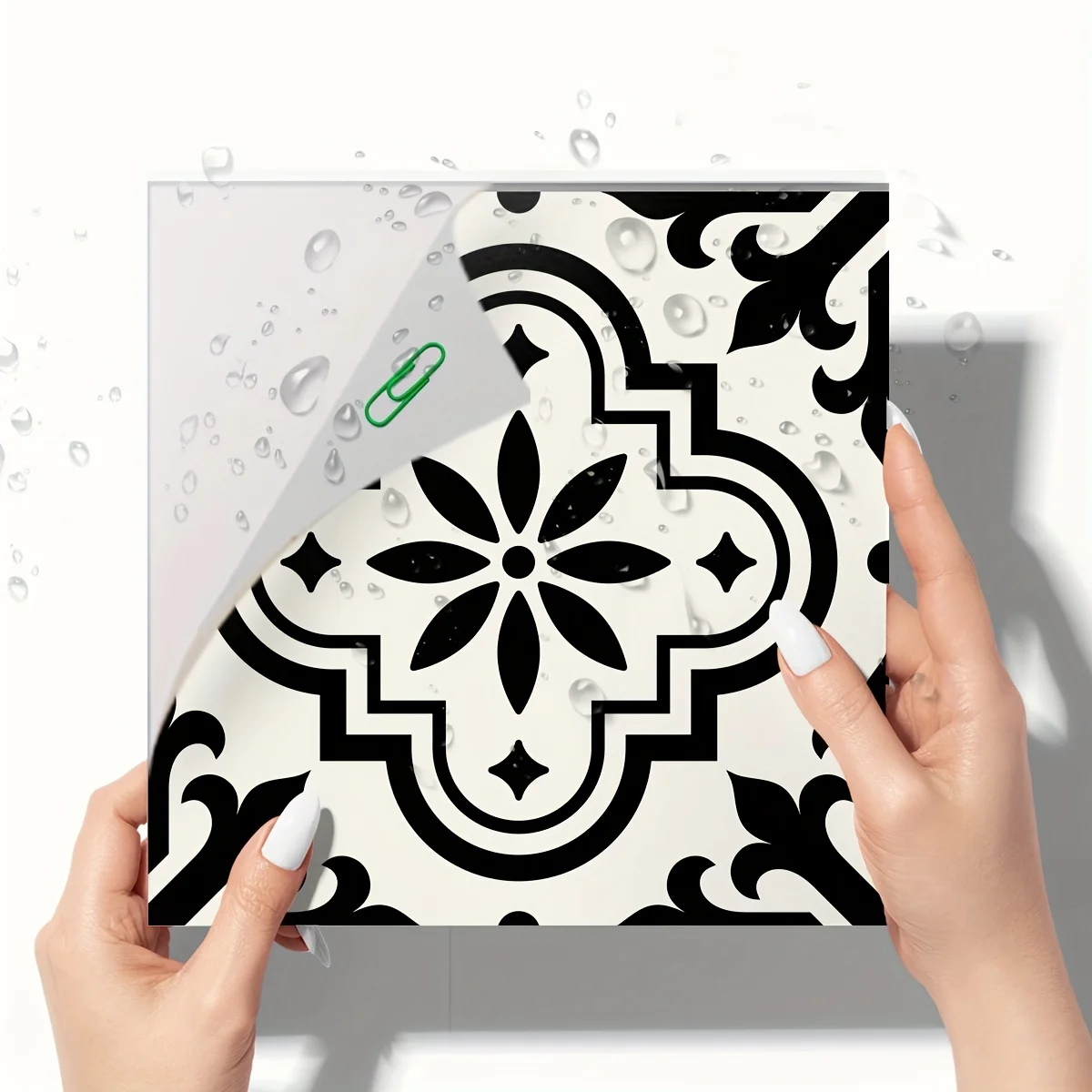 12PCS Moroccan style black and white pattern floor sticker waterproof non-slip home decoration self-adhesive tile sticker