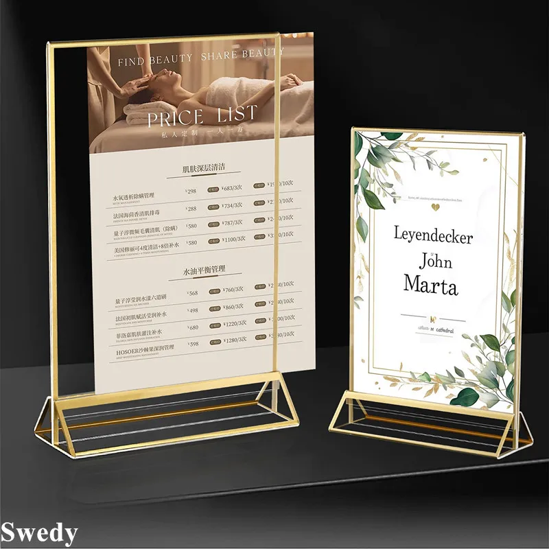 4 Pieces A5 148x210mm Acrylic Sign Holder Display Stand Gold Boarder Wedding Picture Poster Frame Table Card Holder Menu Holder