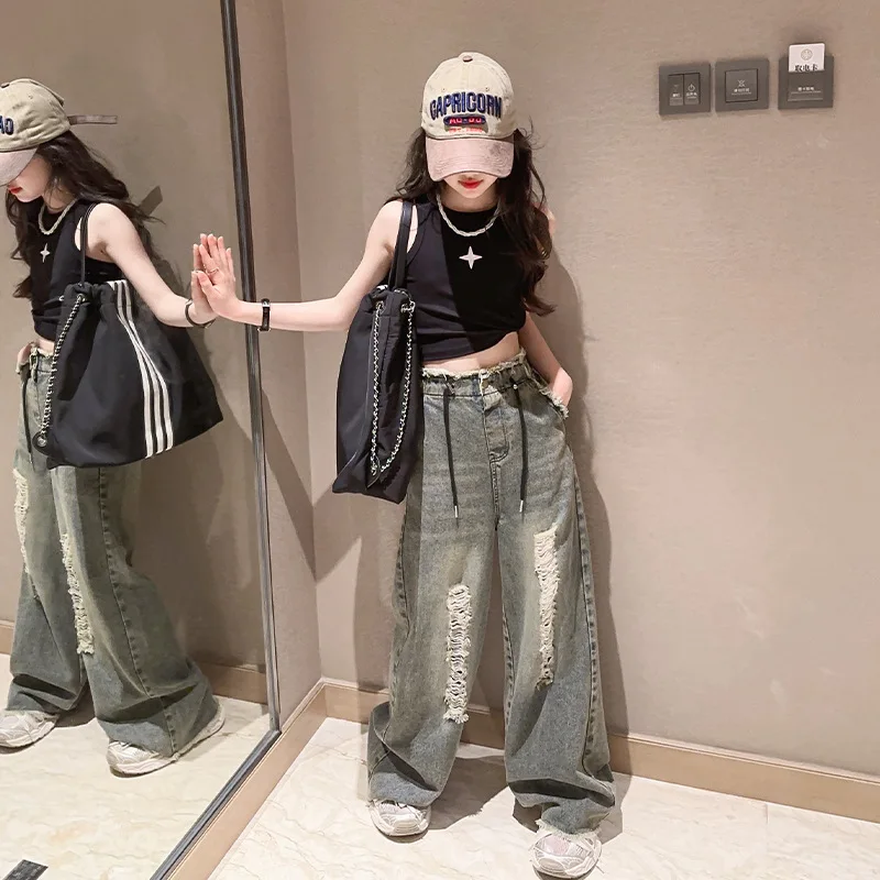 

Youth Girls Clothing Set Summer Thin Sleeveless Vest Ripped Jeans 2pcs Children Costumes Wide Leg Pants Streetwear Kids Outfits