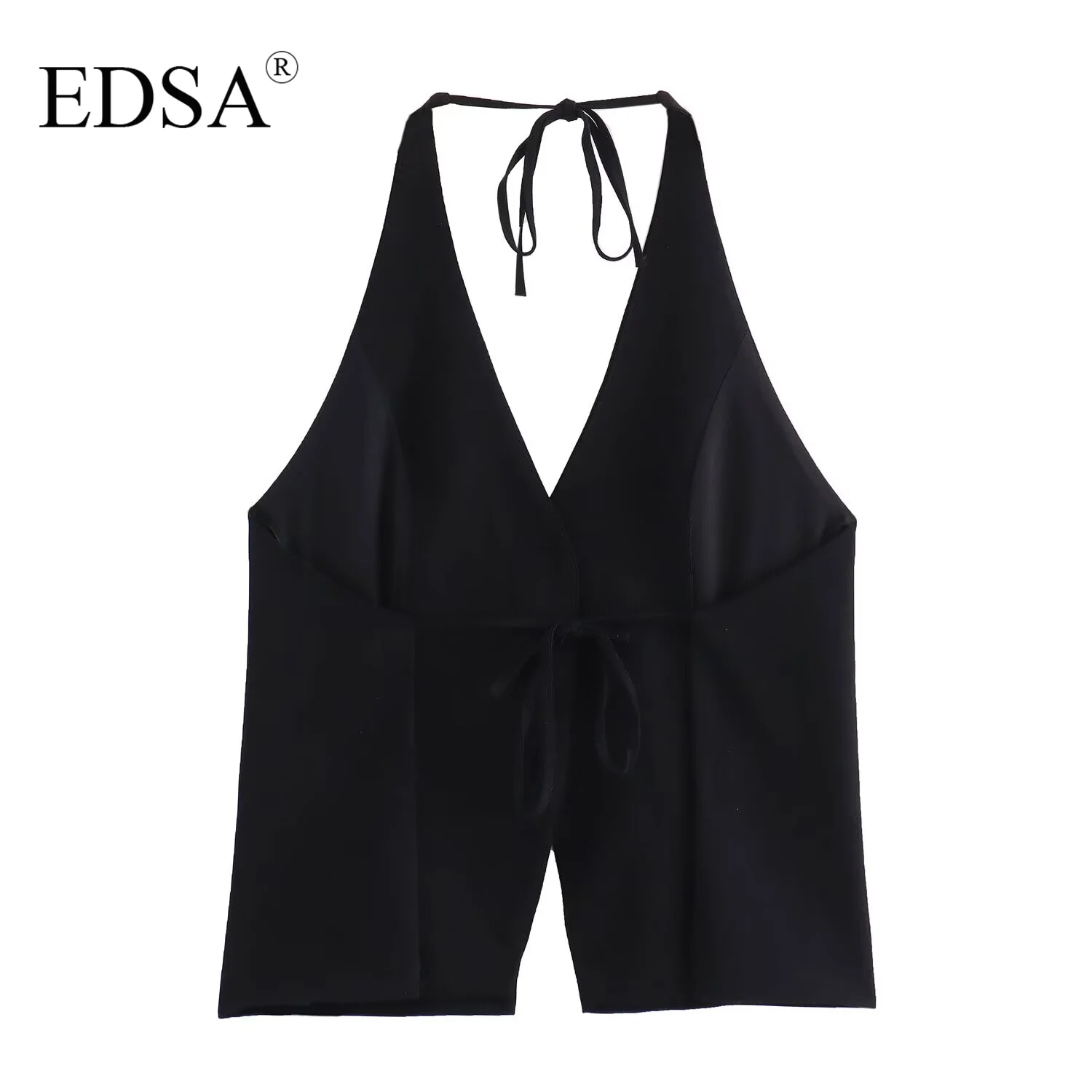 EDSA Women Elegant Halter Top with Tie V-neck False Welt Pockets Open Back Causal Female Single Breasted Blouse