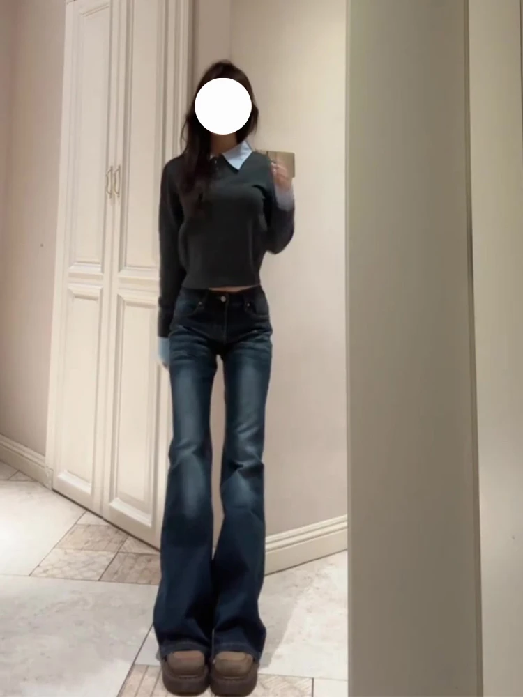 Lage taille Bell Bot Jeans Dames Herfst Winter 2025, Afslankende Retro Amerikaanse Sle Denim Broek Hoge Taille Slim Fit Jeans